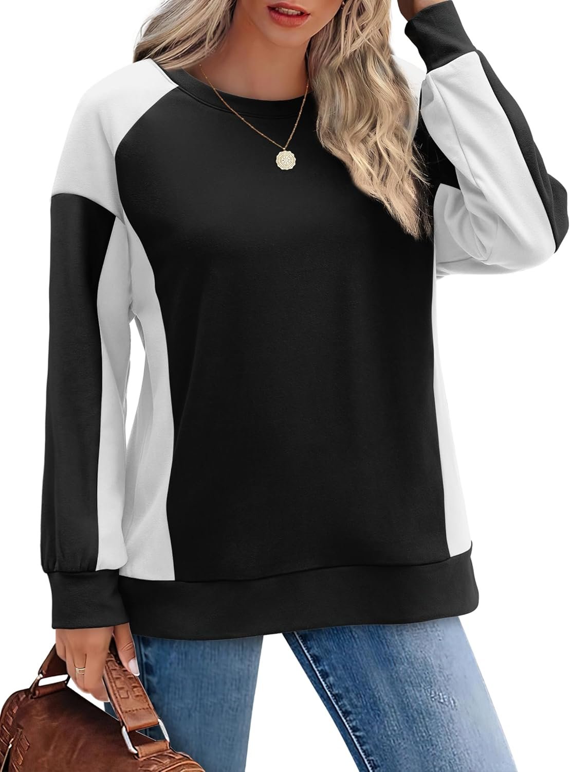 Aokosor Sweatshirts for Women Crewneck Color Block Long Sleeve Tops Loose Fit Fashion 2024
