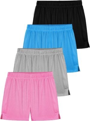 Resinta 4 Pack Girls Athletic Mesh Shorts Youth Basketball Soccer Shorts Kids Active Sports Shorts Gym Shorts