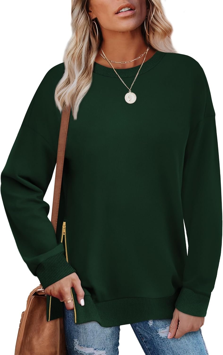WIHOLL Women's Oversized Sweatshirt Crewneck Tunic Tops Side Zipper Lightweight Pollover Sweater 2024 Fashion