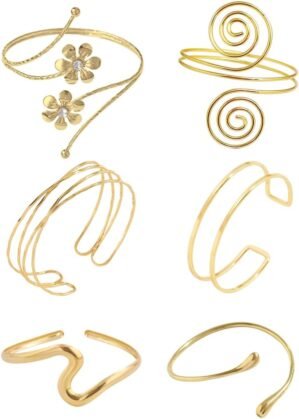 ItsStarred Minimalist Arm Cuff Gold, Upper Arm Bangle Bracelet, Arm Cuff Jewelry for Women, Adjustable Armband Set 6 Pieces
