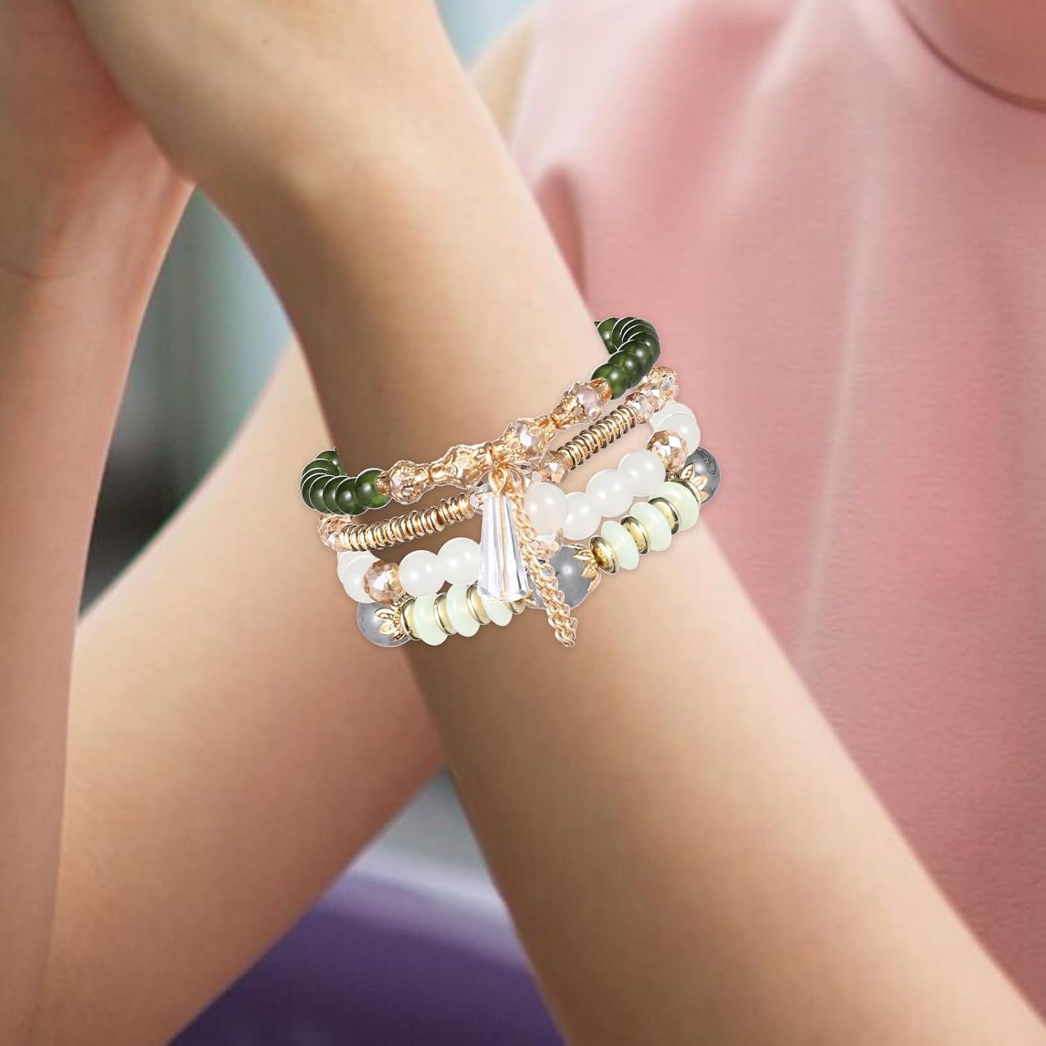 Bohemian Beaded Bracelets for Women 4 PCS Multilayer Stacked Stretch Bracelets Set with Crystal Stone Beads Vintage Charm Jewelry Boho Summer Beach Gift Adjustable Stackable Beaded Bracelet - Image 3