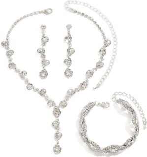 Silver Crystal Bridal Jewelry Set, Teardrop Dangle Earrings Rhinestone Necklace Bracelet for Bride Bridesmaid Crystal Bridal Wedding Party Jewelry Sets