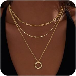Layered Gold Necklaces for Women,Stackable Dainty 14K Gold Silver Plated Trendy Circle Paperclip Chain Pendant Choker Necklace,Simpl Diamond Cross Bow Jewelry Set Gifts for Women