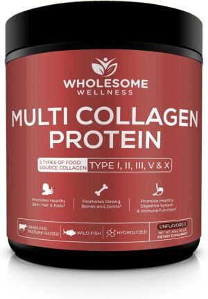 Wholesome Wellness Multi Collagen Protein Powder Hydrolyzed (Type I II III V X) Grass-Fed All-in-One Super Bone Broth + Peptides – Premium Blend of Beef, Chicken, Wild Fish, Eggshell, 58 Servings