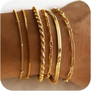 DEARMAY Gold Bracelets for Women Waterproof, 14K Real Gold Jewelry Sets Trendy Thin Dainty Stackable Cuban Link Paperclip Chain Bracelet Pack Fashion Accessories Gifts for Womens