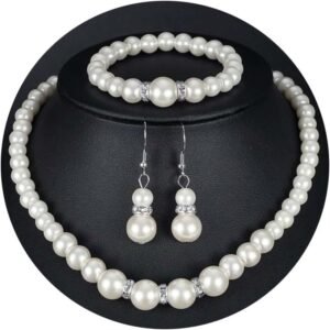 CSIYANJRY99 Pearl Necklace and Earring Set Faux Pearl Jewelry Sets for Women Imitation Beaded Pearl Necklace Bracelet Stud Earrings for Women