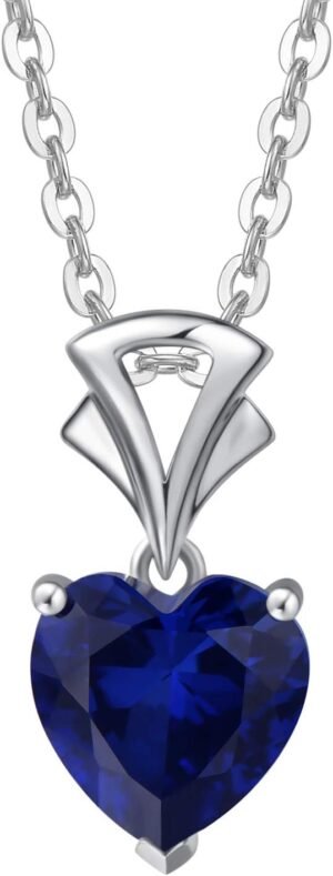 AGVANA 14K White Gold Gemstone Pendant with Sterling Silver Chain 8mm Heart Birthstone Necklace for Women Fine Jewelry Anniversary Birthday Gifts for Women Mom Wife Girlfriend Her