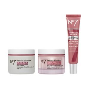 No7 Restore & Renew Face & Neck Multi Action Skincare System – SPF 30 Day Cream with Vitamin C & Collagen Peptides + anti-Aging Facial Serum + Hyaluronic Acid Hydrating Night Cream (3 Piece Kit)