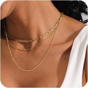 Layered Necklaces for Women,Dainty Gold Necklace for Women Trendy Gold Plated Necklace Set Stack Cuban Link Paperclip Chain Herringbone Jewelry Gifts 3Pcs