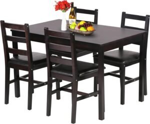 FDW | 5-Piece Solid Wood Dining Table Set for 4 | Pine Kitchen Table with Upholstered Chairs | Space-Saving Design | Smooth Easy-to-Clean Surface | Brown | for Dining Room, Apartment, Restaurant