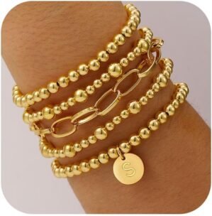 Gold Beaded Bracelets for Women, 18K Gold Plated Initial A-Z Stretch Bead Ball Stackable Bracelet with Letter Jewelry Set Gifts