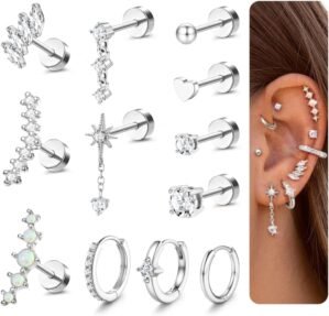 YADOCA 20G Helix Piercing Jewelry Flat back Cartilage Earrings for Women Hypoallergenic Surgical Steel Gold Cartilage Hoop Earring Set Daith Tragus Conch Flat Back Stud Earrings