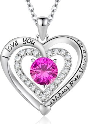 Heart Necklace, I Love You Always & Forever, Birthstone Cubic Zirconia Pendant, Gift for Women