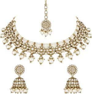 I Jewels Gold Plated Kundan Pearl Handmade Choker Necklace Jewellery & Jhumka Earring Set For Women (K7266)
