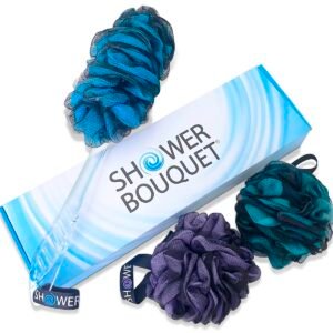 SHOWER BOUQUET Loofah-Charcoal Back-Scrubber & Bath-Sponge Color-Set // 1 Long-Handle-Back-Brush plus 2 Extra Large 75g Soft Mesh Loofa Lufa Loufa Poufs, Men & Women – Exfoliate with Full Pure Cleanse