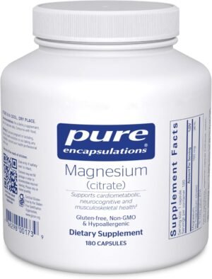 Pure Encapsulations Magnesium (Citrate) – Supplement for Sleep, Heart Health, Cognitive Health, Bone Health, Energy, Muscles, and Metabolism* – with Premium Magnesium – 180 Capsules