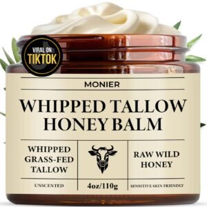 Whipped Beef Tallow for Skin, Tallow and Honey Balm for Face, Moisturizer with 100% Organic Grass-Fed Beef Tallow & Raw Wild Honey – Natural Formula for Dry & Sensitive Skin (Unscented)