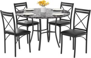 VECELO 5 Piece Dining Table Set for 4, Faux Marble Dinette with Chairs for Kitchen, Breakfast Nook, Small Space, Dark Black
