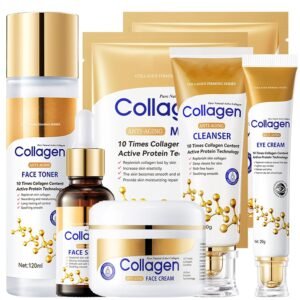Collagen Skin Care Set, 6Pcs Anti Aging Face Care Sets for Women, Firming Skin, Shrink Pores, Smooth Wrinkles, Hydrating Skin Care Set Include Serum Face Cream Eye Cream Toner Cleanser Facial Mask1
