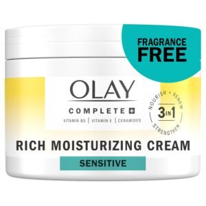 Olay Face Moisturizer, Complete+ Rich Moisturizing Cream – Fragrance-Free, Gentle for Dry & Sensitive Skin, 3-in-1 Hydrating to Strengthen, Nourish, Renew – Niacinamide, Vitamin E, & Ceramides, 8.5 oz