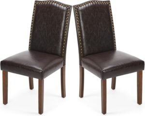 DUMOS Upholstered Dining Chairs，Set of 2 PU Leather Dining Room Kitchen Chair with Nailhead Trim and Wood Legs, Modern Side Chairs for Living Room-Brown