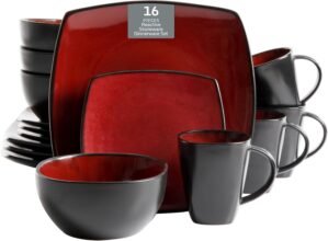 Gibson Soho Lounge Square Reactive Glaze Dinnerware Set, Red, Service for 4 (16pcs)