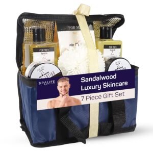 SpaLife Men’s Sandalwood Luxury Spa Skincare Set – Complete Care Kit for Rugged Revitalization, Exfoliating Scrub – Bath and Body Collection for Cleansing, Moisturizing, and Rejuvenation