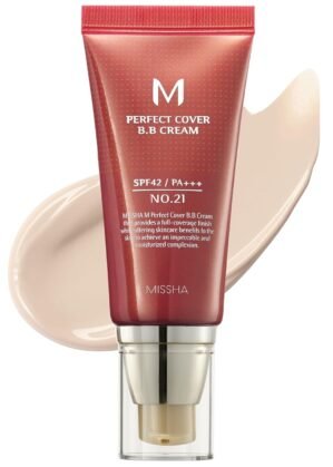 MISSHA M Perfect Cover BB Cream No.21 Light Beige – Light with Cool Undertone SPF 42 PA +++1.69 Fl Oz – Tinted Moisturizer with SPF