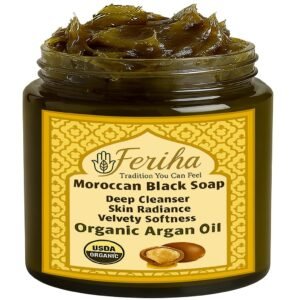 FERIHA Premium Moroccan Black Soap with Organic Argan Oil, 100% Authentic, Artisan Beldi Soap – Sourced, Crafted & Packed in Morocco – Traditional Hammam Formula