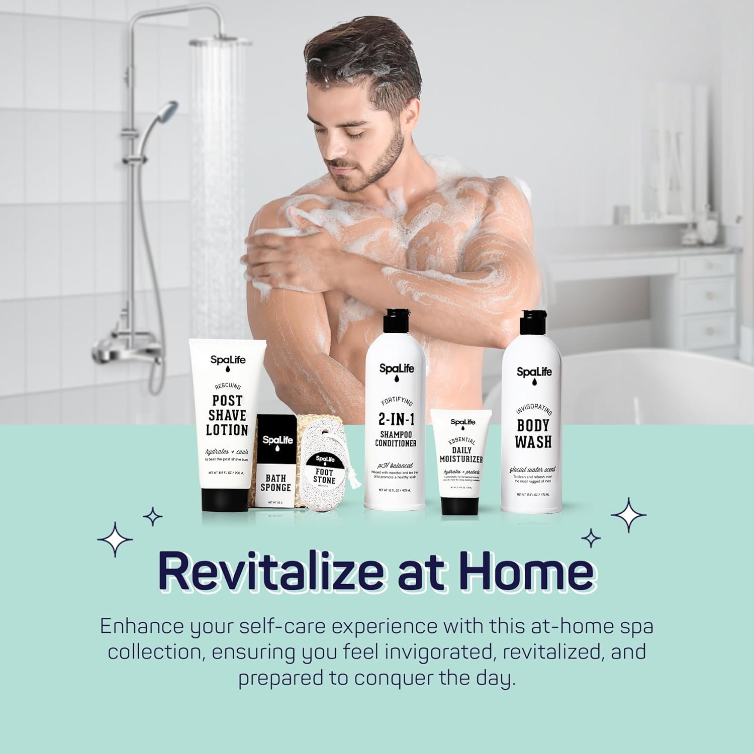 SpaLife 7-Piece Bath and Body Men Grooming Gift Set - 2-in-1 Shampoo & Conditioner, Body Wash, Daily Moisturizer, Post-Shave Lotion, Bath Sponge & Foot Stone for Luxurious At-Home Spa - Image 5