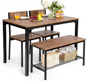 Giantex Dining Table Set for 4, 43″ Kitchen Table and Chairs, Dining Bench with Metal Frame & Storage Rack, 4-Piece Modern Functional Desk Set for Dinette, Small Space, Apartment, Restaurant, Brown