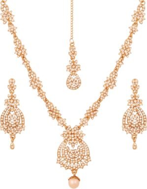 Touchstone Indian Bollywood Gorgeous intricate Workmanship Sparkling Rhinestone crystal wedding Designer Jewelry Necklace Set In Gold or Silver Tone For Women.
