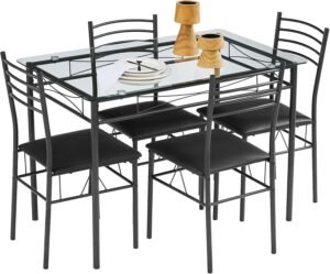 VECELO 5-Piece Kitchen Dining Table Set, Glasses Tabletop & Heavy-Duty Metel Frame, Rectangle Dinette with 4 Chairs for Small Space, Breakfast Nook, Glasses & Black