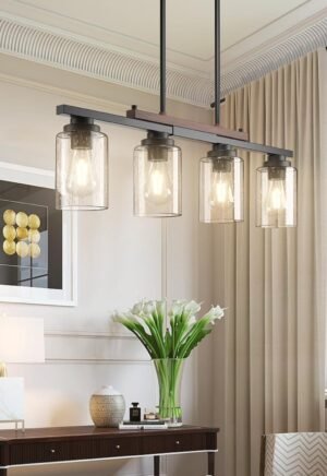 Amico Dining Room Light Fixture 4-Light Kitchen Island Lighting with Adjustable Rods, Farmhouse Decor Black Metal & Wood Chandelier with Seeded Glass Shade, Island Lights for Kitchen