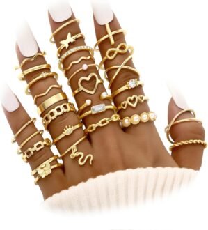 FAXHION 60 Pcs Gold Stackable Rings for Women, Knuckle Rings Chunky Gold Ring Set Dainty Stacking Cute Rings, Multiple Sizes Cute Jewelry Set Gift