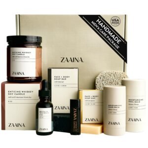 Men’s Self Care Package, Relaxation Spa Gift Set for Him – Luxury Natural Handmade Men Skin Care Kit with Whiskey Candle, Unique Self Care Gift for Men by ZAAINA