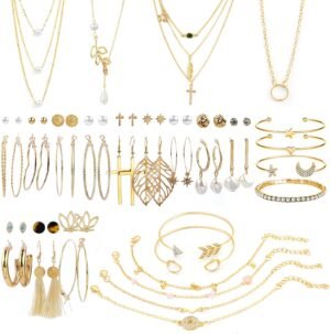 AROIC 38-52PCS Jewelry Set with Necklace Bracelet Layered Ball Dangle Hoop Stud Earrings for Women Jewelry Fashion and Valentine Birthday Party Gift