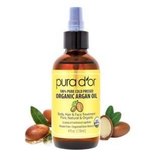 PURA D’OR 4 Oz ORGANIC Moroccan Argan Oil – USDA Certified 100% Pure & Cold Pressed Virgin Premium Grade Natural Moisturizer Treatment For Dry, Damaged Skin, Hair, Face, Body & Scalp – Men & Women