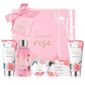 BODY & EARTH Spa Gift Set for Women – Luxurious 5 Pcs Bath and Body Gift Sets with Rose Scent, Spa Gift Box, Bath Set Includes Body Wash, Body Butter, Body Lotion and More, Birthday Gifts for Women