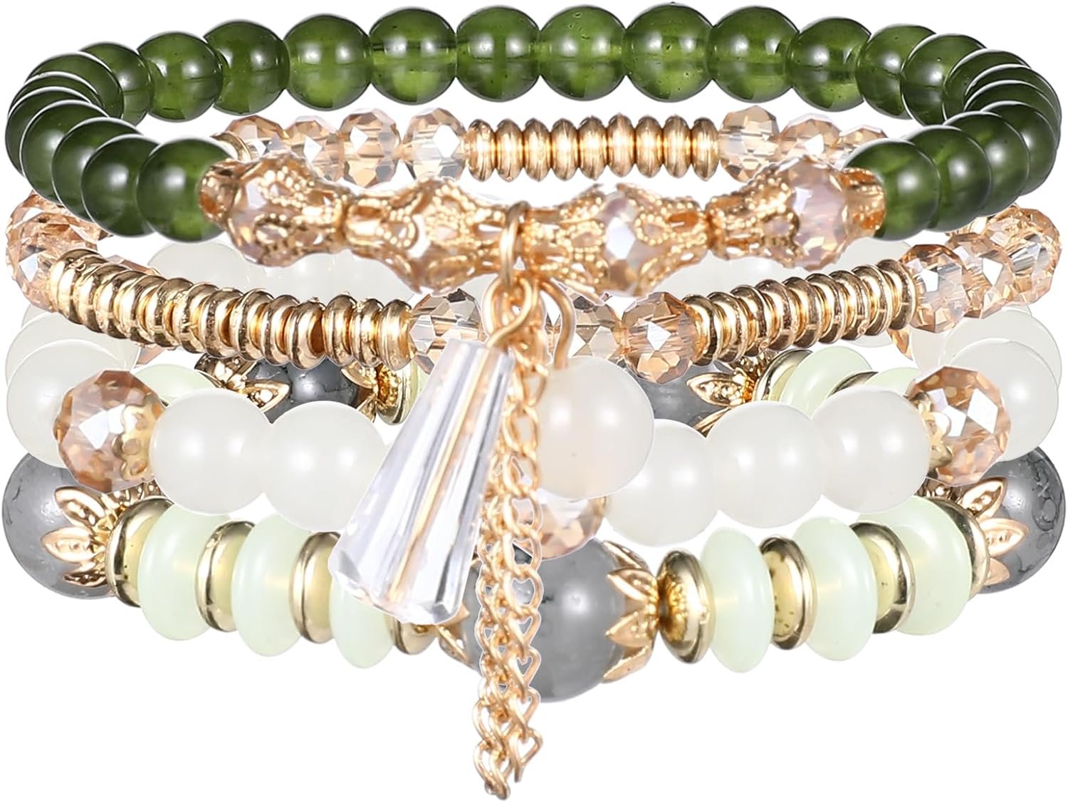 Bohemian Beaded Bracelets for Women 4 PCS Multilayer Stacked Stretch Bracelets Set with Crystal Stone Beads Vintage Charm Jewelry Boho Summer Beach Gift Adjustable Stackable Beaded Bracelet