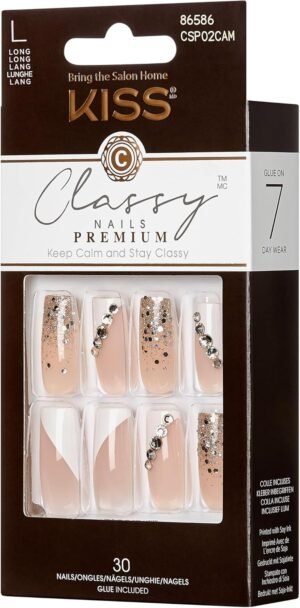 KISS Classy Premium Press On Nails, ‘Gorgeous’, White, Long Length, Square Shape, Includes 30 Fake Nails, 2g Pink Gel Nail Glue, 1 Manicure Stick, 1 Mini File