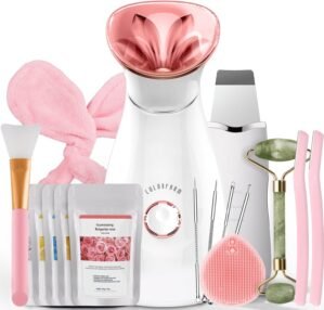 Colorfarm Facial Steamer Nano Ionic: Face Steamer Home Spa Kit Deep Cleaning Unclogs Pores Sinuses Inhaler with 8 Skin Care Tools – Self Care Gifts for Women (Deep Cleansing Facial Kit)