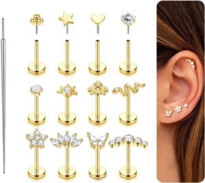ORAZIO Push in Stud Earrings, 20G 18G Flat Back Earrings,Hypoallergenic Threadless Stud Multi-Pack, 14K Gold Plated 316L Surgical Steel Earring Sets, Push-in Cartilage Helix Tragus Nose Piercing Jewelry for Women