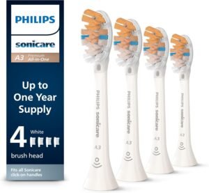 Philips Sonicare Premium All-in-One (A3) Replacement Toothbrush Heads, Gum Care, Plaque Removal, Whitening, One Year Supply, 4 Brush Heads, White, HX9094/65