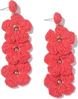 Flower Drop Earrings Floral Raffia Earrings Boho Statement Dangle Earrings Trendy Cute Summer Jewelry for Women