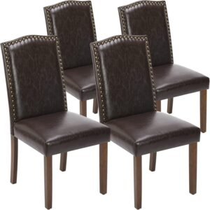 DUMOS Upholstered Dining Chairs Set of 4, Modern Fabric Dining Room Chair with Nailhead Trim and Wood Legs, Mid-Century Accent for Living Room, Kitchen, Dark Brown