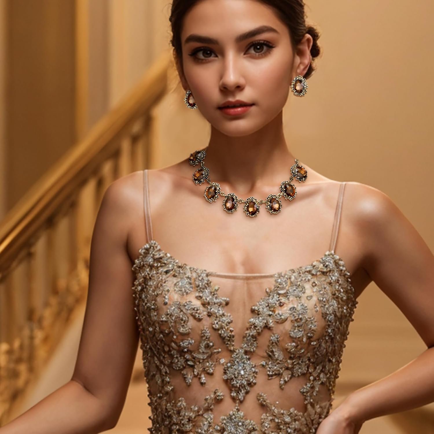 BriLove Victorian Style Statement Necklace Pierced Earrings Jewelry Set for Women Crystal Floral Cameo Inspired Oval Jewellery for Party Prom - Image 3