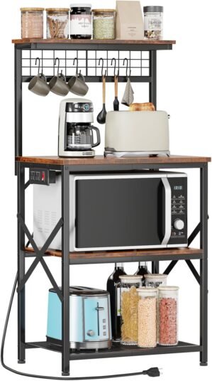 Furologee Kitchen Bakers Rack with Power Outlet, Microwave Oven Stand with Storage 4 Tiers, Coffee Bar Table with 6 S Hooks, Kitchen Storage Shelf Rack for Spices, Pots, Rustic Brown