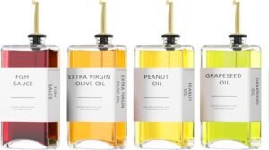 Kitchen Cooking Oil Dispenser Set, Olive Oil & Vinegar Bottles, Soy Sauce Dispenser – 4 Pieces, Gold, Elegant Book Design, Durable, Leak-Proof, Easy-Pour Spouts, Perfect for Kitchen, Dining Table