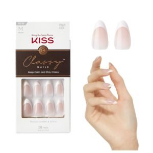 KISS Classy, Press On Nails, Nail glue included, ‘Dashing’, Light White, Medium Size, Almond Shape, Includes 28 Nails, 2g glue, 1 Manicure Stick, 1 Mini File